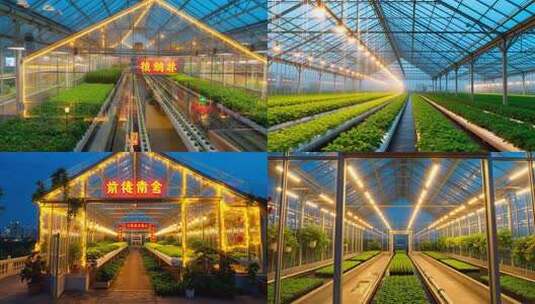 夜晚温室大棚内蔬菜种植景观高清在线视频素材下载