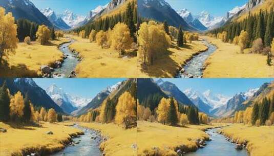 秋季山谷溪流雪山自然风光高清在线视频素材下载