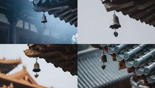 古建筑屋檐下的铜风铃高清在线视频素材下载