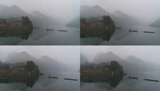 神秘湘西首八峒村小船划过酉水河高清在线视频素材下载