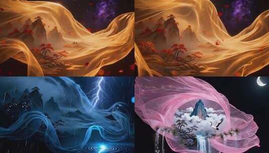 超现实风格梦幻色彩国风水墨山水丹青高清在线视频素材下载