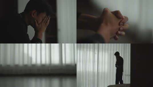 男子卧室焦虑失业剪影高清在线视频素材下载