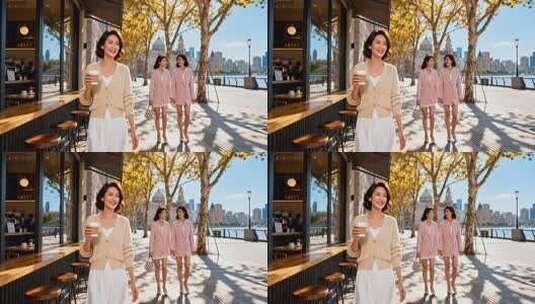 上海街头女性手持咖啡漫步高清在线视频素材下载
