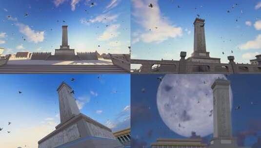 人民英雄纪念碑和飞翔的和平鸽高清在线视频素材下载