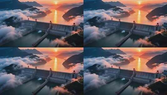 航拍云雾缭绕下的长江三峡大坝日出壮丽延时高清在线视频素材下载