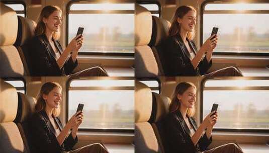 火车上女子使用手机画面高清在线视频素材下载