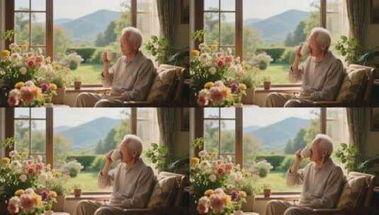 老人窗边悠闲喝茶高清在线视频素材下载