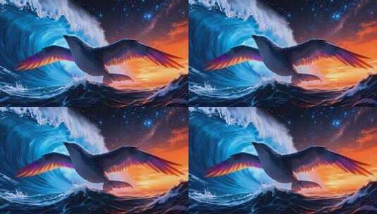 海鸟于星空下海浪间翱翔画面高清在线视频素材下载
