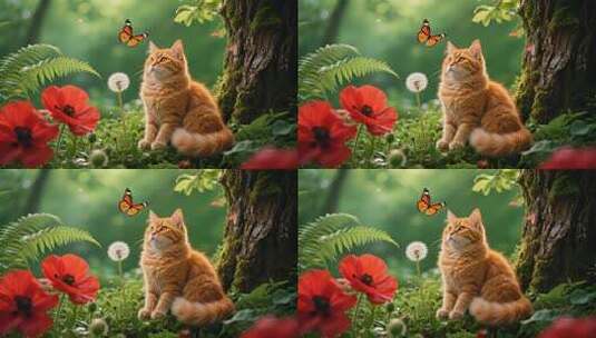 春天小猫蝴蝶虞美人花丛可爱动物萌宠高清在线视频素材下载