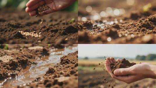 播种希望：阳光下的雨后泥土与新芽生长高清在线视频素材下载