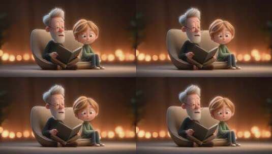 爷爷给孙子讲故事温馨动画场景高清在线视频素材下载