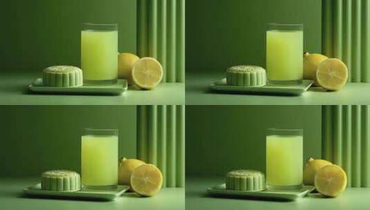 清新柠檬饮品与月饼的绿色静谧相遇高清在线视频素材下载