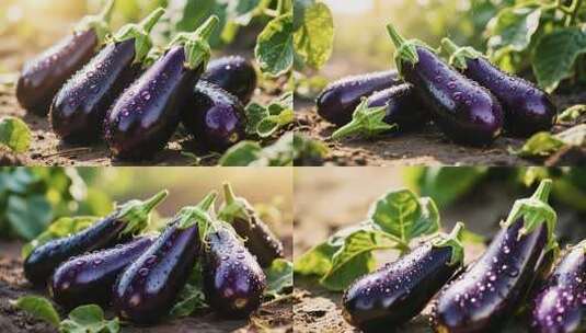 田地里带水珠的新鲜茄子高清在线视频素材下载