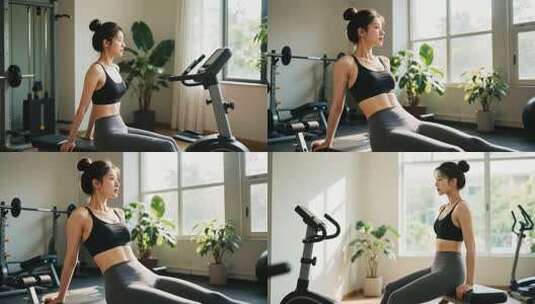 女性居家健身骑动感单车高清在线视频素材下载