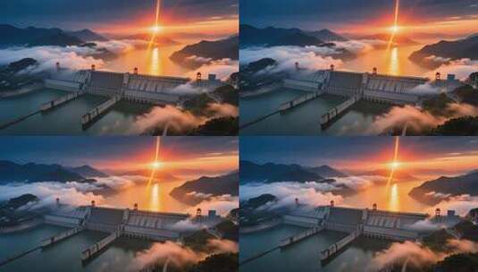 航拍云雾缭绕下的长江三峡大坝日出壮丽延时高清在线视频素材下载