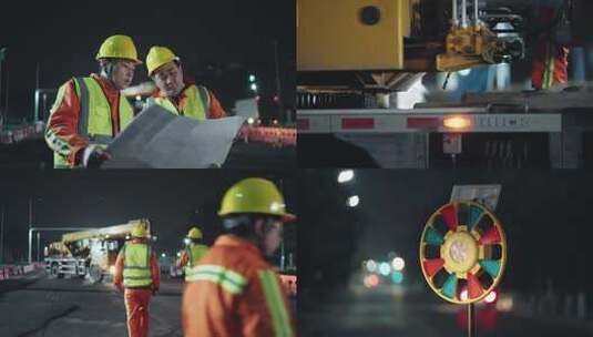 工地深夜工人看着图纸施工高清在线视频素材下载