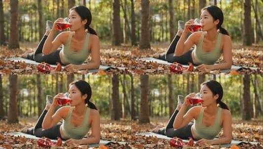 立秋女孩喝果茶健康生活方式视频高清在线视频素材下载