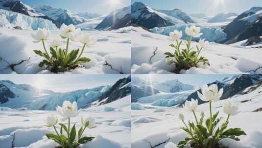 雪山下雪地中的白色花朵高清在线视频素材下载