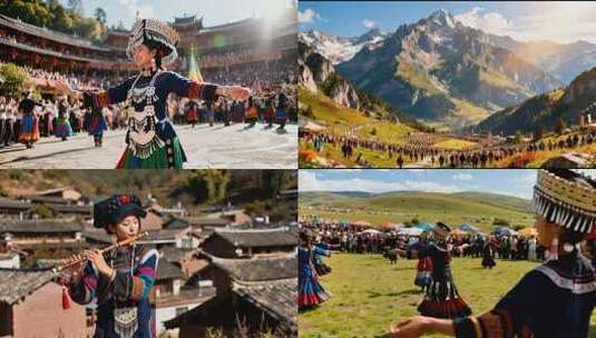 山间草地人群聚集场景高清在线视频素材下载