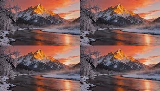 冬天冬季雪山山峰河流唯美自然风景高清在线视频素材下载