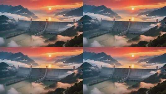 航拍云雾缭绕下的长江三峡大坝日出壮丽延时高清在线视频素材下载