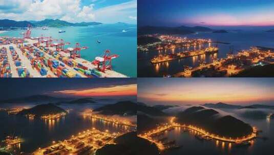 宁波舟山港航拍：昼夜港口繁忙景象高清在线视频素材下载