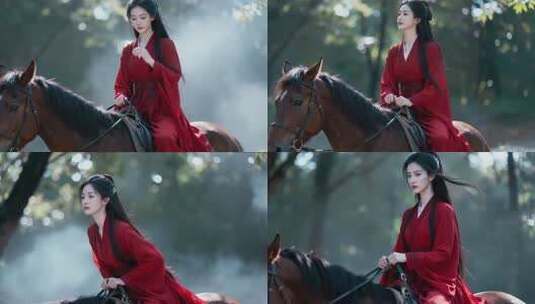 红衣女子古装骑马画面高清在线视频素材下载