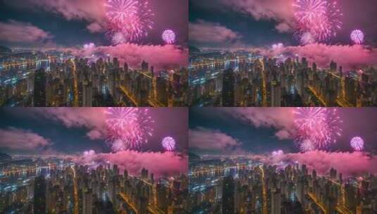 城市夜景烟花绽放全景高清在线视频素材下载
