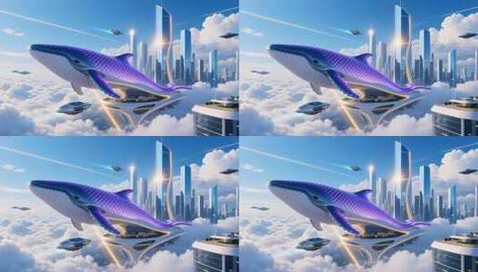 虚拟鲸鱼概念地产高端光影云端城市高清在线视频素材下载