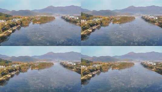 航拍安徽宣城泾县桃花潭两岸景区的唯美晨景高清在线视频素材下载