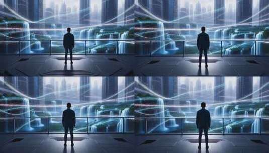 男子眺望未来科技城市景观高清在线视频素材下载