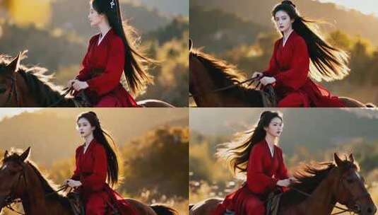 红衣古装女子骑马画面高清在线视频素材下载