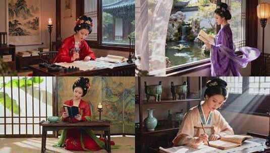古风美女 古代大家闺秀闺房学习高清在线视频素材下载