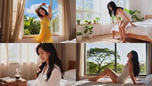 年轻女性起床 活力青春 新的一天高清在线视频素材下载