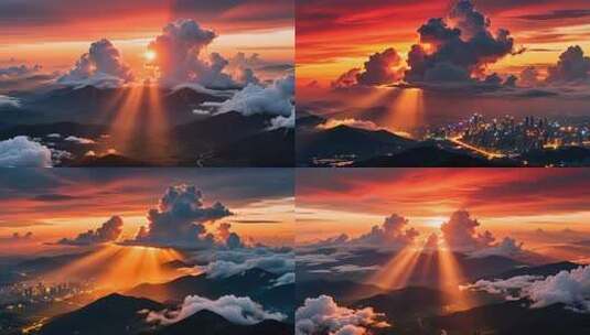 航拍落日晚霞延时 云 丁达尔效应合集4K高清在线视频素材下载