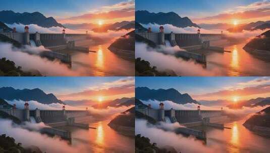 航拍云雾缭绕下的长江三峡大坝日出壮丽延时高清在线视频素材下载