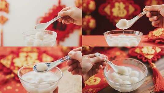 手持勺子舀取碗中元宵高清在线视频素材下载