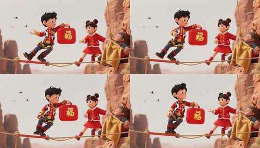 儿童卡通角色走绳索送福箱素材高清在线视频素材下载