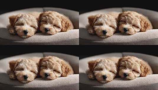 两只可爱小狗在舒适的窝里安静休憩高清在线视频素材下载