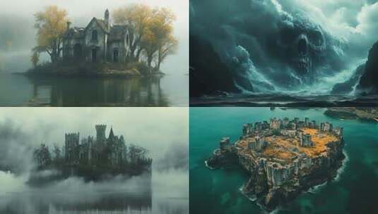 海浪中骷髅头奇幻场景幽灵岛高清在线视频素材下载