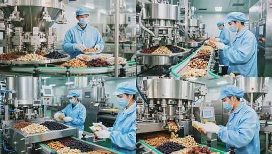 工人操作坚果生产流水线高清在线视频素材下载