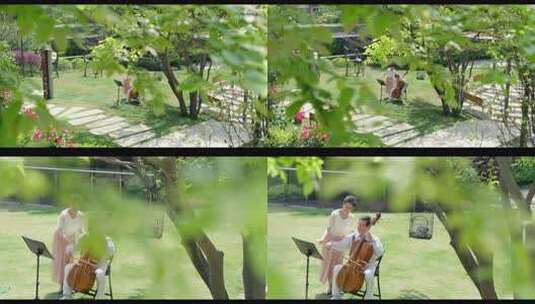 老人休闲生活公园拉大提琴高清在线视频素材下载