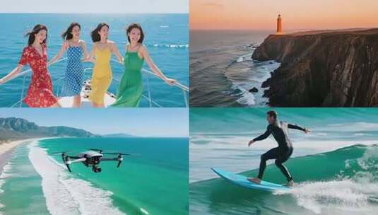 女子在游艇上于大海边游玩高清在线视频素材下载