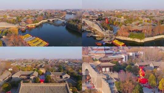 航拍台儿庄古城夕阳下的暖光高清在线视频素材下载