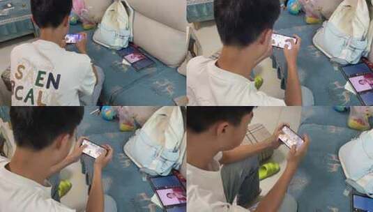 青少年居家玩手机游戏高清在线视频素材下载