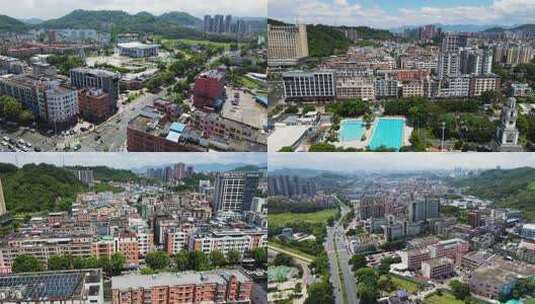 东莞城市建筑群与车流酒店航拍全景鸟瞰风光高清在线视频素材下载