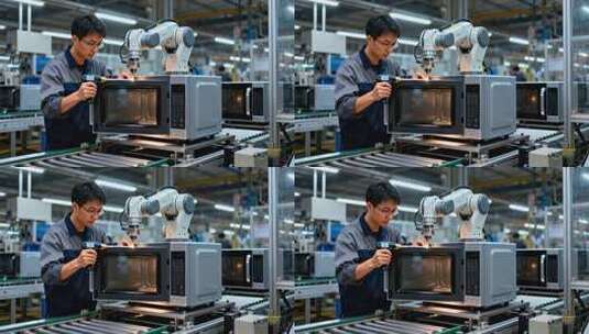 工人于工厂操作机械臂组装微波炉高清在线视频素材下载