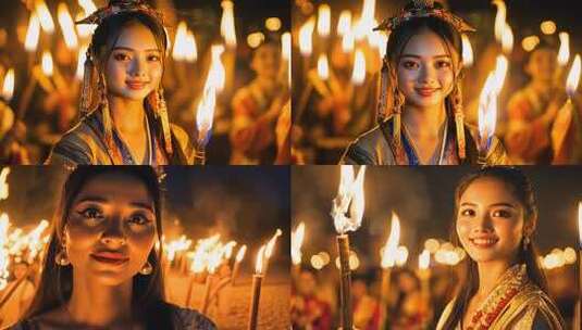 火光中的古风美女 夜幕下的火把节祭祀仪式高清在线视频素材下载