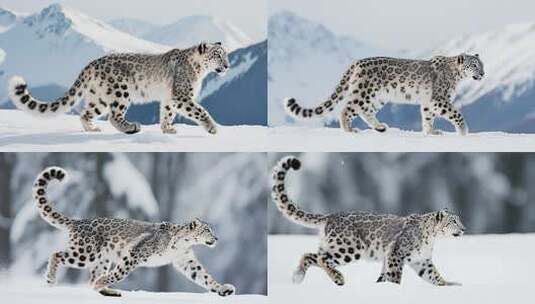 雪豹在雪山雪地中行走高清在线视频素材下载
