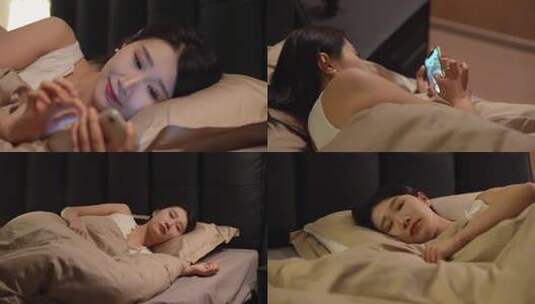 女生夜晚熬夜刷手机高清在线视频素材下载